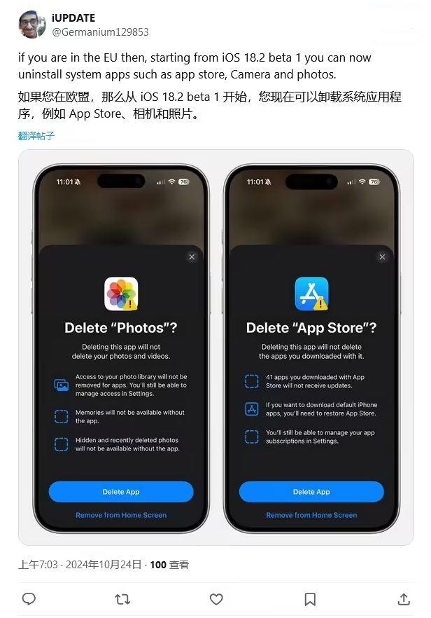 弋江苹果手机维修分享iOS 18.2 支持删除 App Store 应用商店 